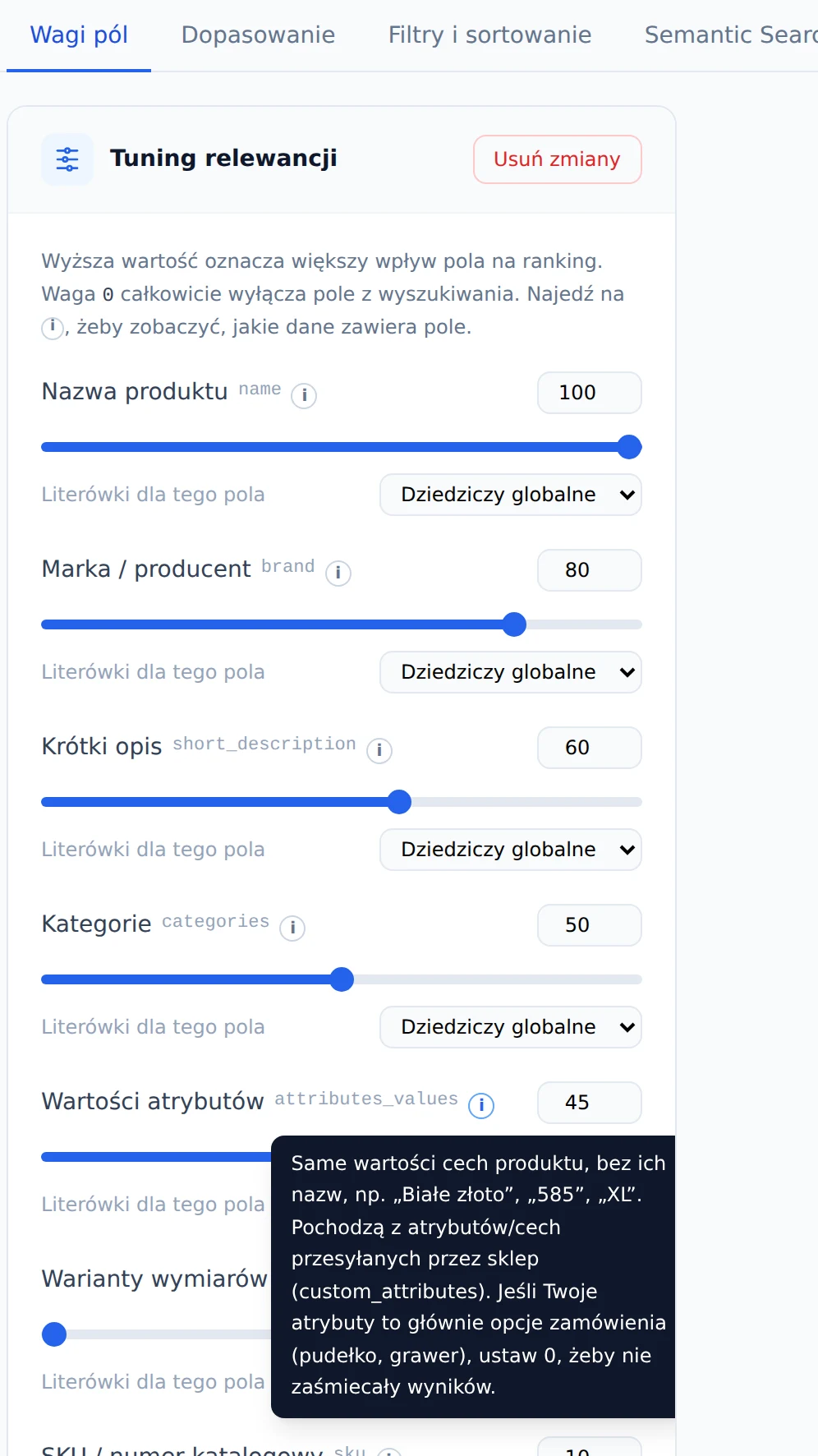 Panel SwiftSearch: wagi pól z opisem, jakie dane zawiera każde pole